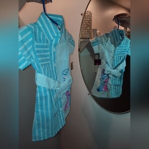 Blue Striped Button-Up Dress with Bear Design